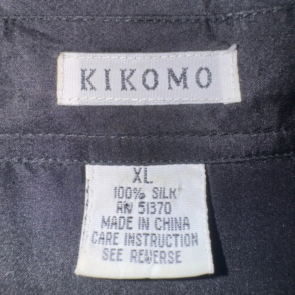 Kikomo Mens XL Black 100% Silk Long Sleeve Button Up Shirt Chest Pocket Collared